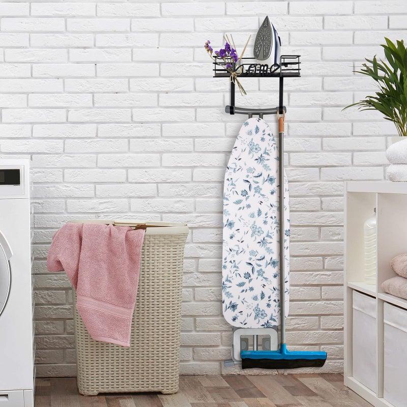 TJMOREE TJ.MOREE Ironing Board Hanger Wall Mount- Laundry Room Decor- Iron and Ironing Board Holder, Laundry Room Organization and Storage with Large Storage Dark Gray Wooden Base Basket and Removable Hooks - Image 2